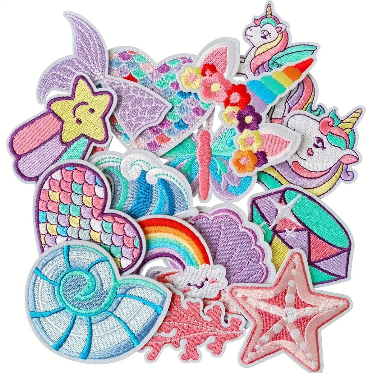 16pcs Unicorn Embroidery Iron-On/Sew-On Fabric Patches - Cute Rainbow, Star, Heart, Butterfly Appliques for Clothing, Backpack, Hat Sewing Craft Accessories