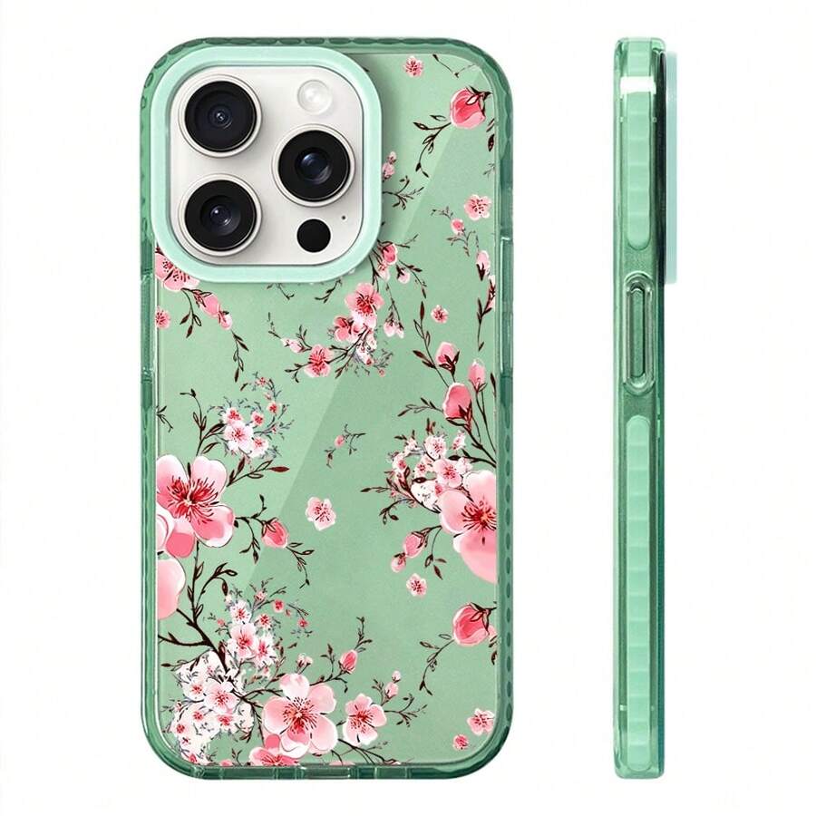 Sage Green Cherry Blossom Clear Phone Case, Pink Spring Floral TPU Anti-Yellowing for iPhone 17 16 15 14 13 12 11 X Plus Pro Max, Garden Lover Gift