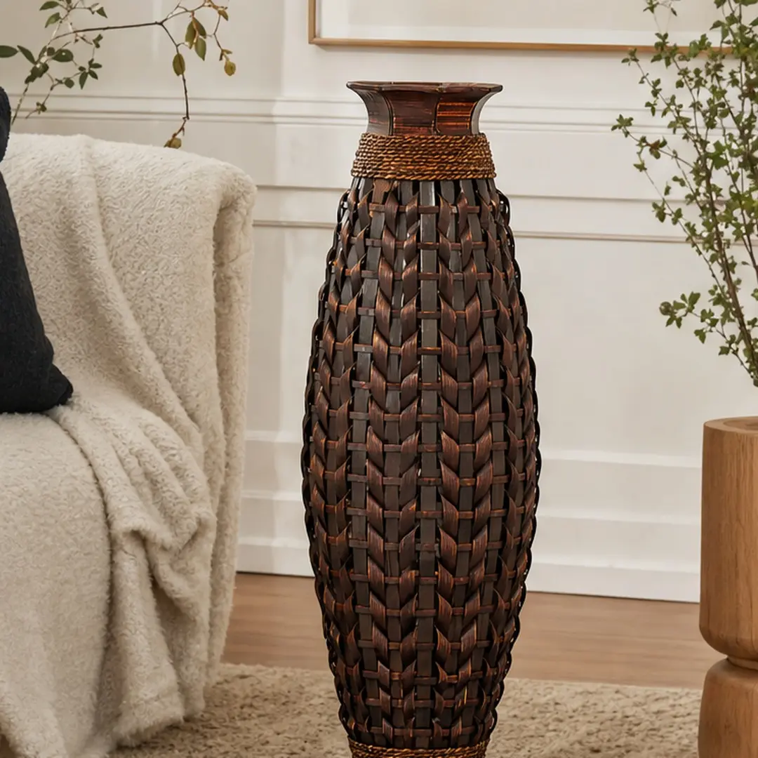 ARCH Handwoven Natural Bamboo Floor Vase 38.97in Tall Boho Decorative Vase for Living Room Entryway Rustic Farmhouse Woven Vase for Pampas Grass Dried Branches Acacia Wood Color, Acacia Wood Color Options, Bamboo Material, American Design/American