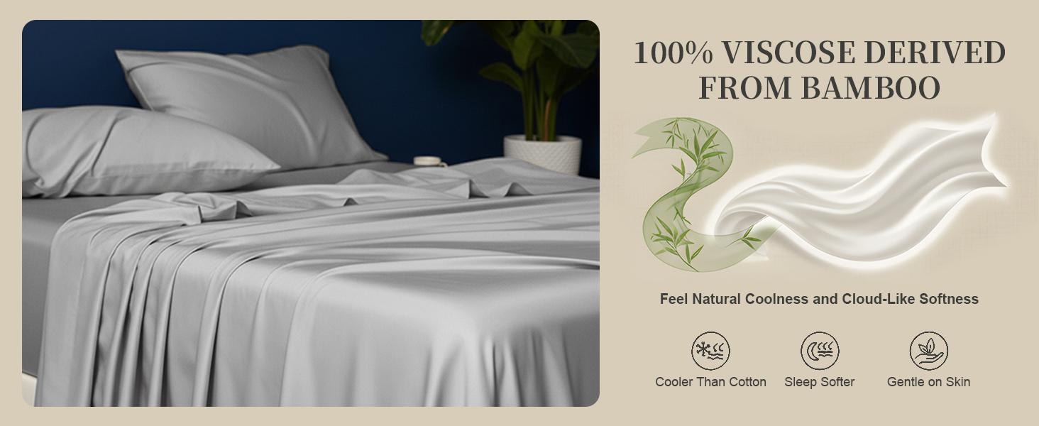 Cooling Sheets Queen – Rayon Derived from Bamboo, Silk Soft & Breathable, Luxury Sheet Set, Deep Queen Sheets Fits 18"–24" Thick Mattress - Light Grey