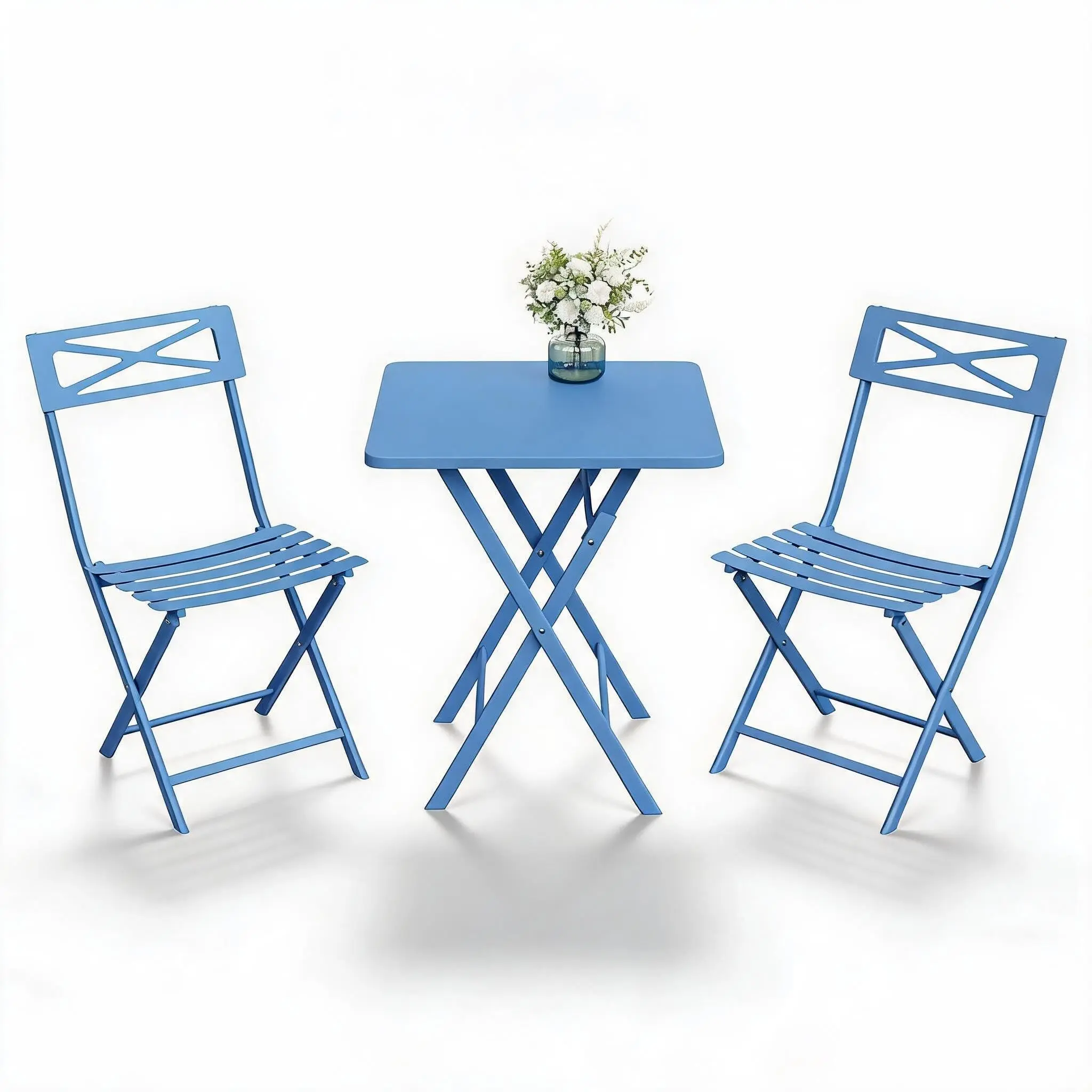 3-Piece Steel Frame Folding Bistro Set - Square Table, 2 Folding Chairs (2 Seats), Weather-Resistant, Foldable Size, Modern Home Decor for Balcony, Garden (Blue, Green, Yellow, Black)