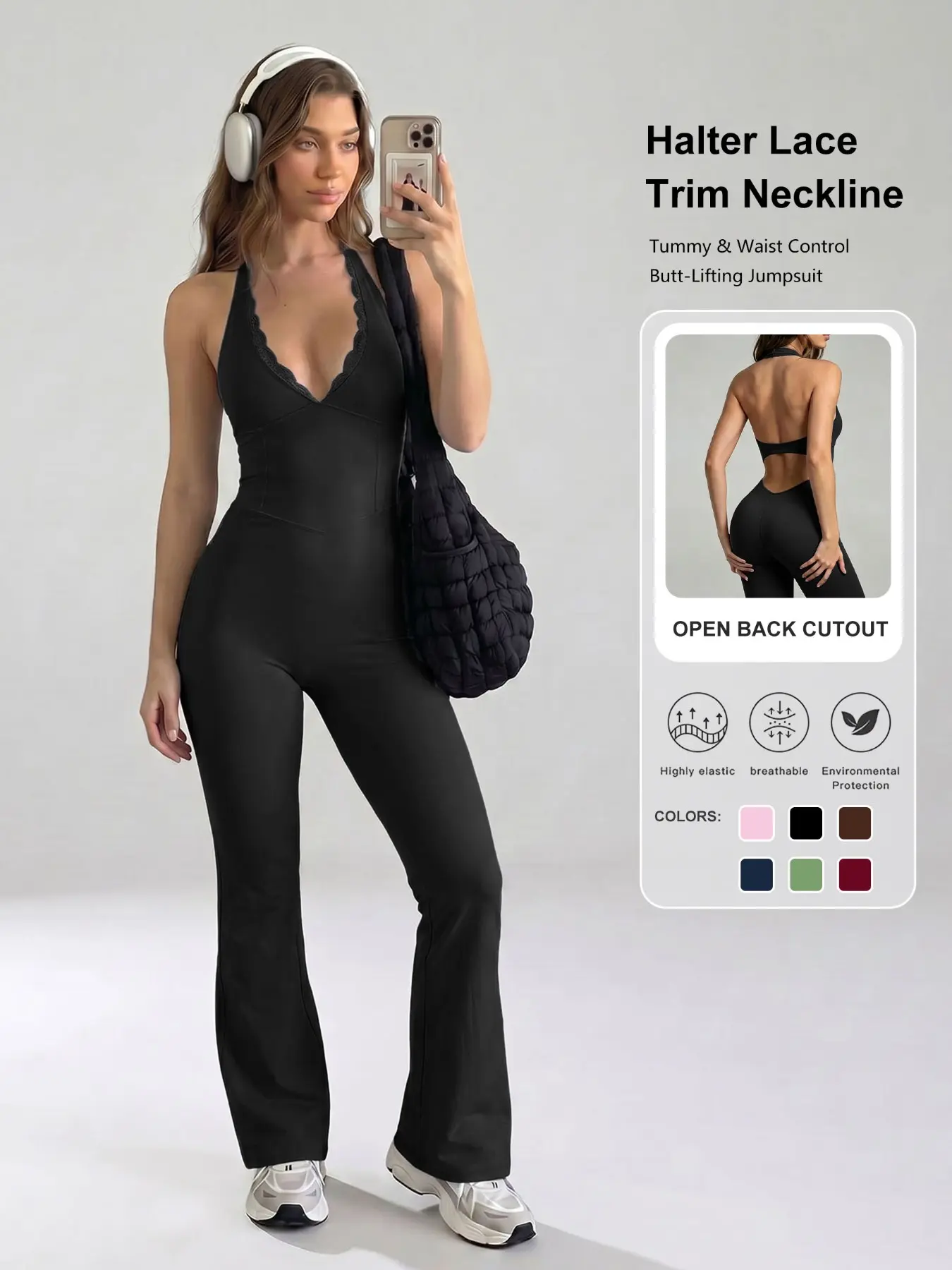 Women's Colorblock Lace V-Neck Jumpsuit with Padded Bra, Slim Fit High Waist, Sleeveless Workout Jumpsuit, Stretchy Jumpsuit, Ideal for Yoga, Fitness, Daily Wear