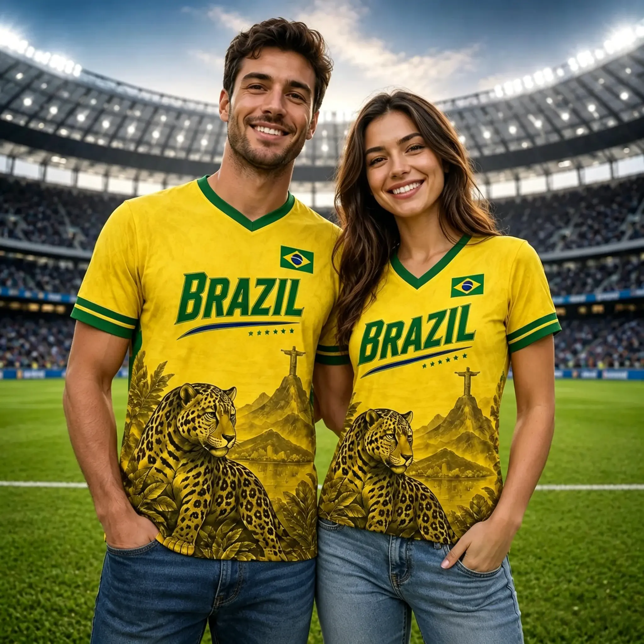 Brazilian National Team Style Soccer Jerseys, Featuring Jaguar & Mountain Landscape Prints, Summer Sports Gift for Football Fans