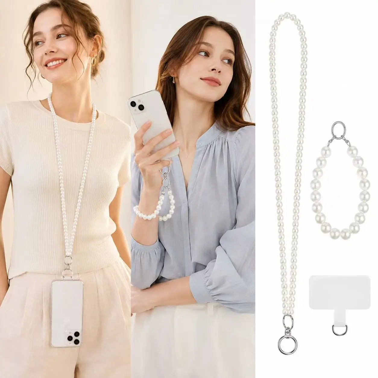 Elegant Faux Pearl Phone Lanyard, Long Necklace or Short Wrist Strap, Cell Phone Strap, Transparent Padding, Anti-Drop Mobile Accessory, Perfect Gift