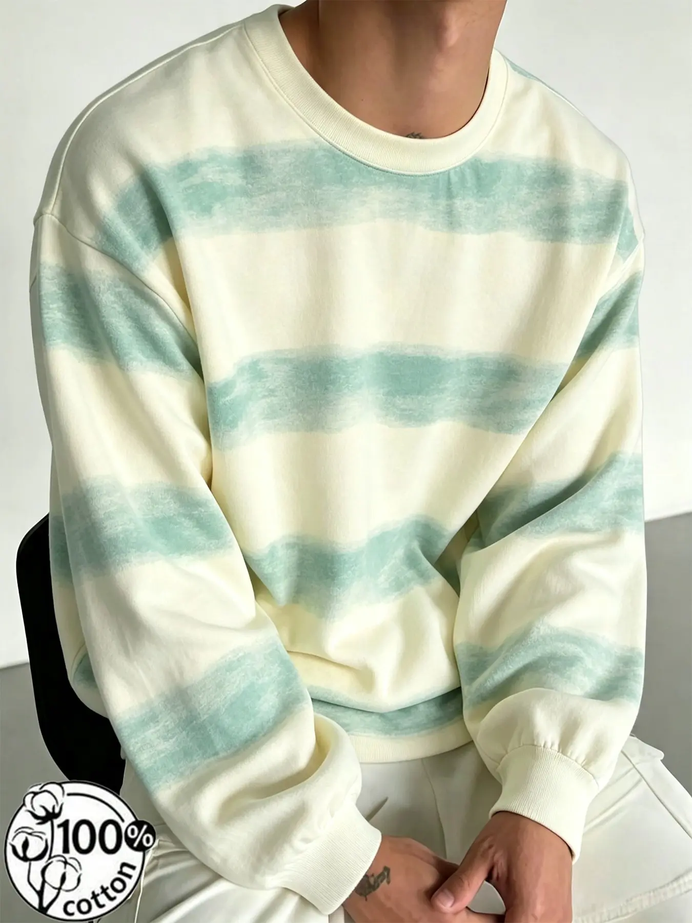 Unisex 100% Cotton Washed Gradient Green & White Stripe Crewneck Sweatshirt Fresh Casual Oversized Color Block Stripe Pullover Top