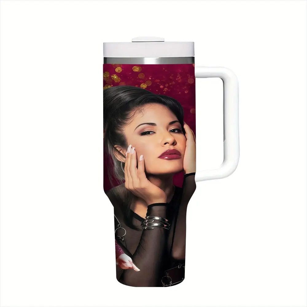 1pc 17oz/17.5oz/20oz/30oz/32oz/40oz Selena Quintanilla Portrait Tumbler With Handle | Latin Queen Singer Stainless Steel Insulated Cup Hispanic Latina Fan Travel Mug