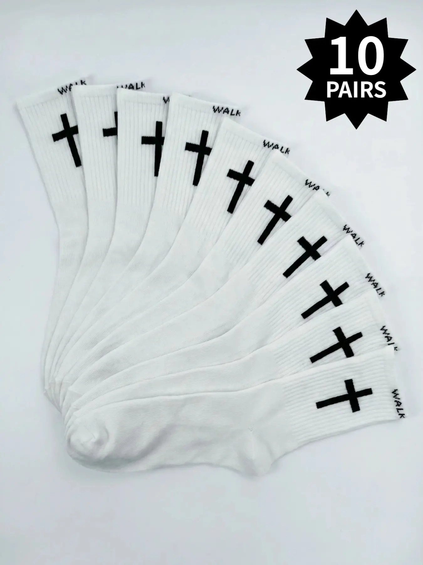 10 Pairs of White Cross-Pattern Socks: Cross-Pattern, Knee-Highs, Ankle Socks, Calf-Length Socks, White Aesthetic Ankle Sock Sets, Faith, Christian Street Style Socks for Men and Women, Knee-Highs
