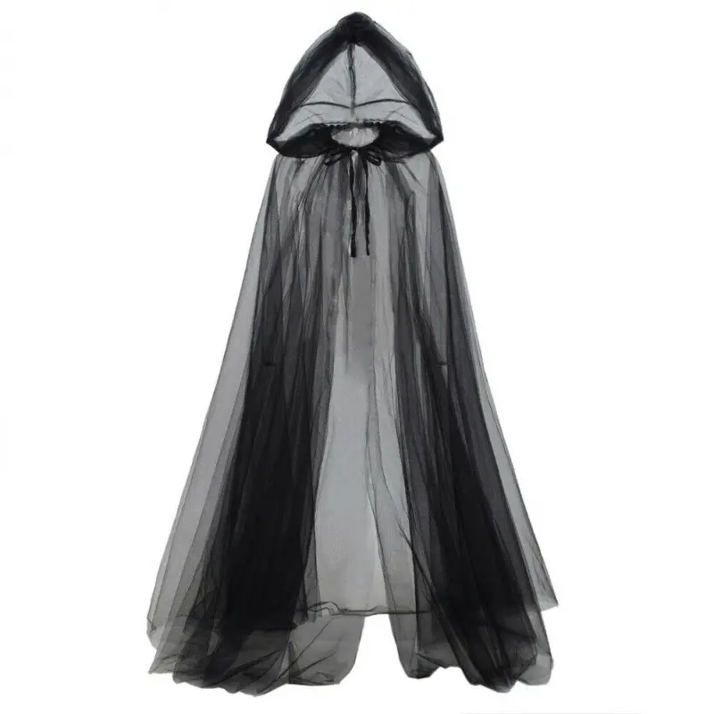 SohoChic Women's Elegant Hooded Tulle Cape - Soft Fabric Long Black Sheer Mesh Cloak With Train, Lightweight Flowy Indoor Recreation Accessory For Vampire Cosplay, Dark Themed Party, Gothic Wedding Photoshoot