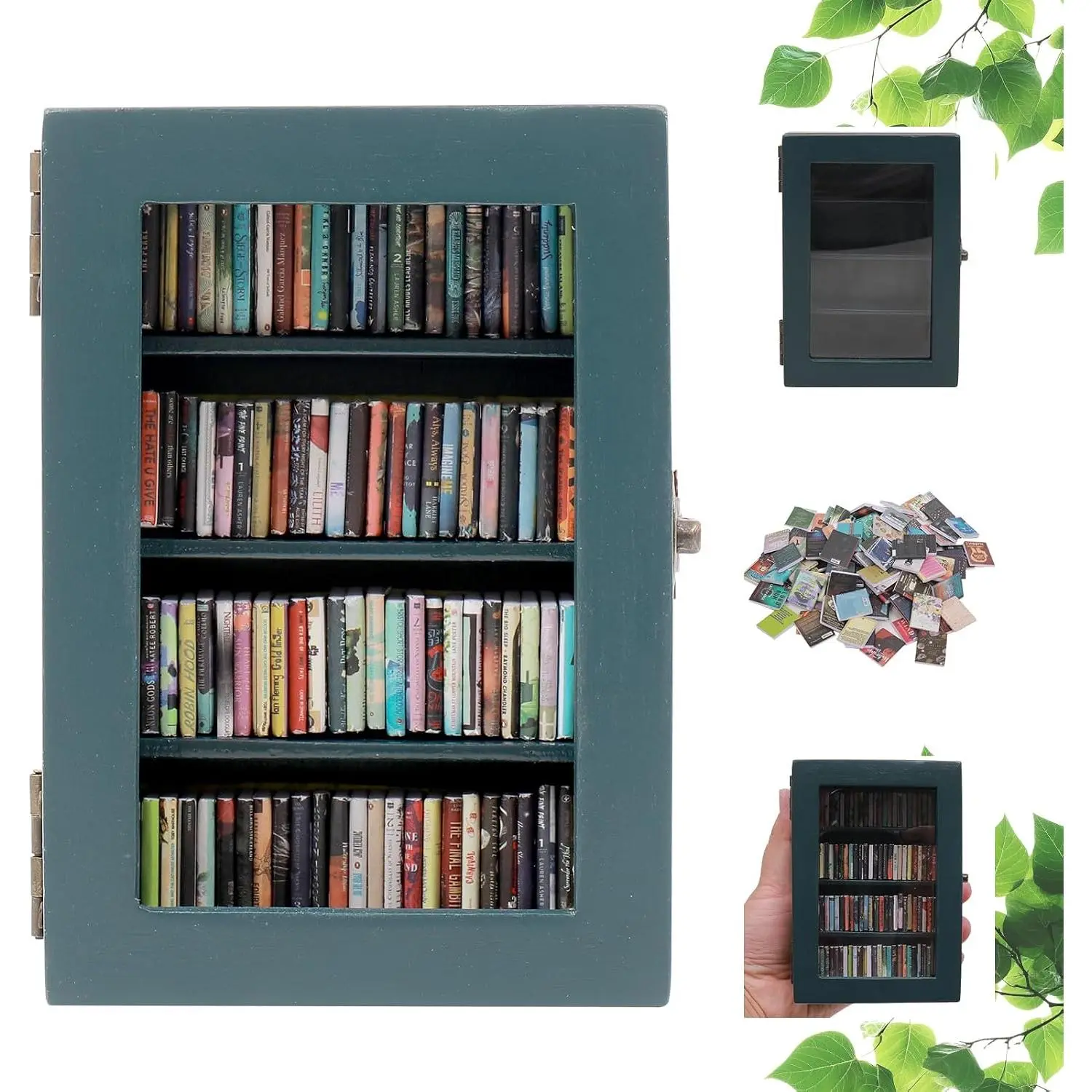 Mini Bookshelf Ornament with 100 count Mini Books | Miniature Bookshelf Decor |Shake  Your  Book Library | Book Shelf for Doll House  Office Decor (Blue)