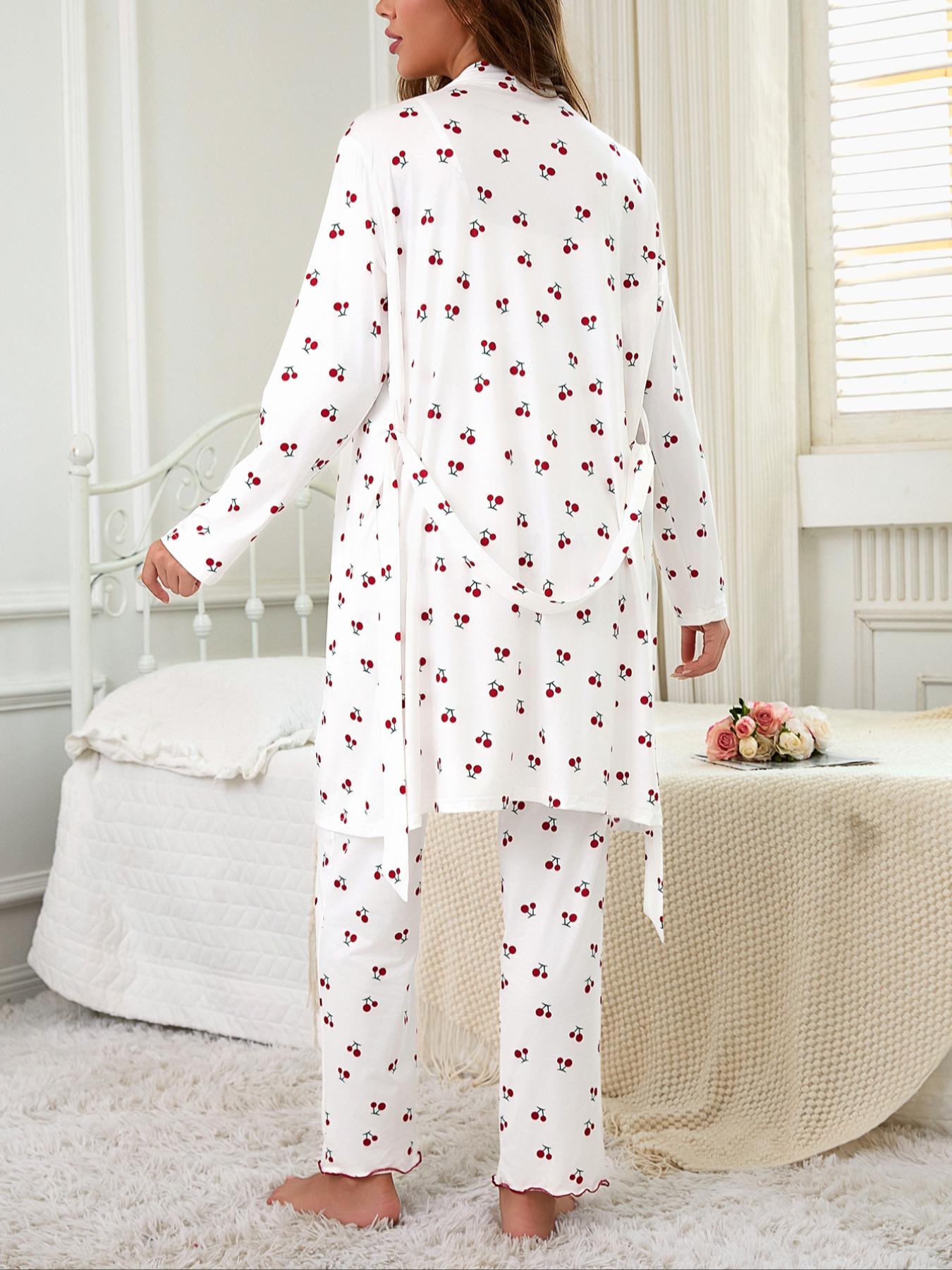Cherry Print Women's Nightgown Set + Strap Pants, Comfortable Casual Home Wear, All-Season Fitted Sleepwear, Moderate Fabric