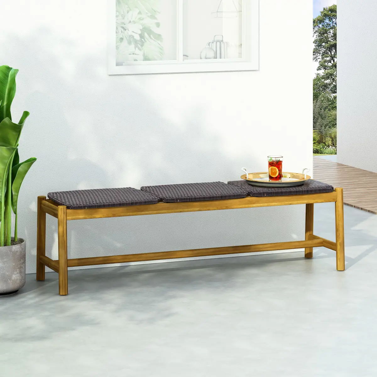 3-Seat Natural Finish Teak Acacia Solid Wood Backless Outdoor Bench, 61.5*16.25*17.75 in, Rustic Farmhouse Decor for Backyard Garden Patio Furniture