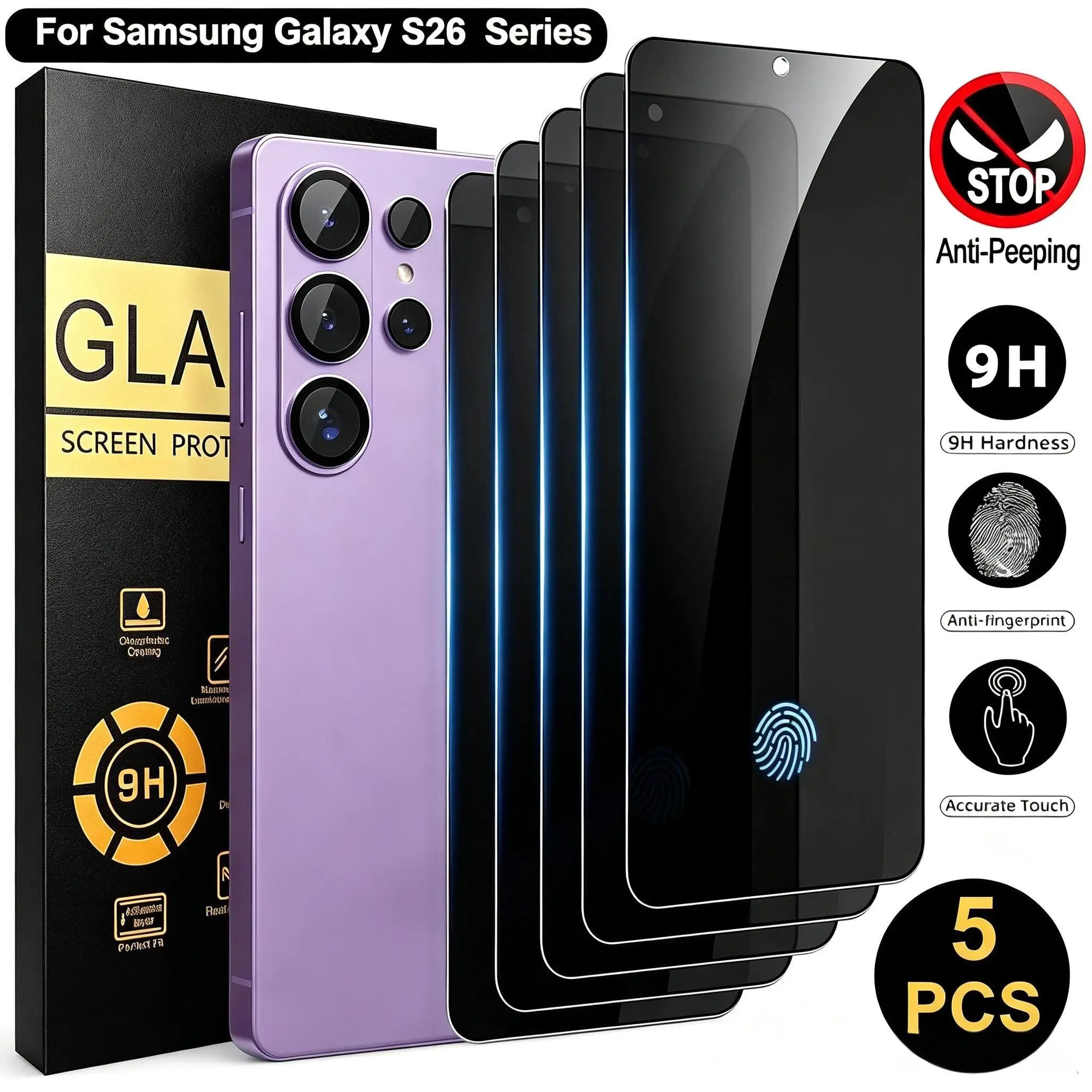 5pcs Privacy Tempered Glass Screen Protector with Black Edges, Suitable for Samsung Galaxy S22 S23 S24 S25 S26 Plus Edge FE Ultra. Anti-Scratch, Anti-Fingerprint, Bubble-Free Installation