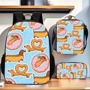 Cute Dachshund Dessert Cartoon Print 3-in-1 Backpack, Daily School Stationery Set