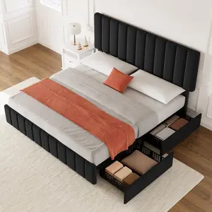 Queen or King Size Upholstered Platform Bed Frame with 4 Storage Drawers – Adjustable Height Headboard – No Box Spring Needed – Linen or PU Leather – Easy Assembly – Heavy Duty