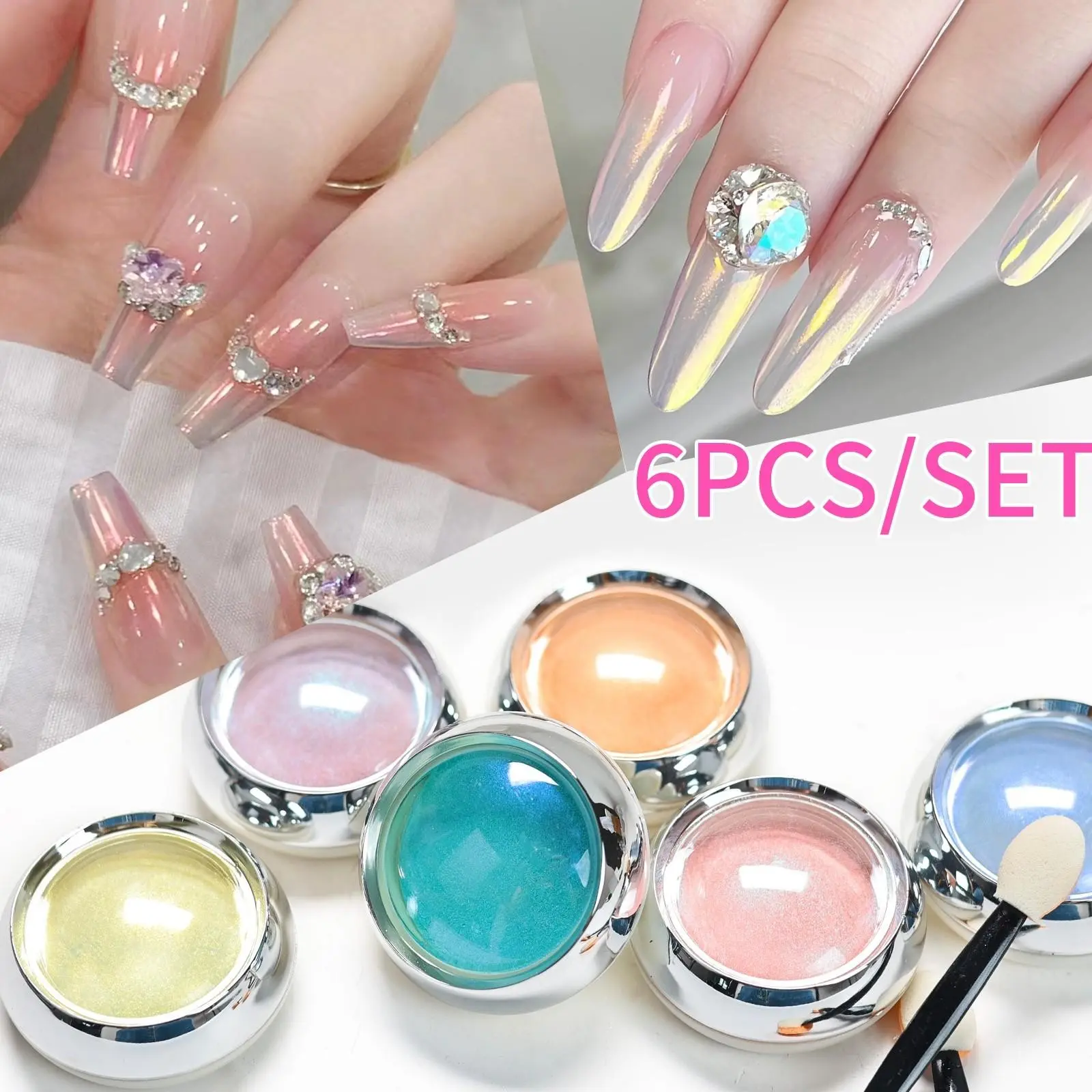 6pcs Nail Magic Mirror Powder And Pearlescent White Aurora Powder Set Nail Art Supplies Laser Charm Metallic Mirror Effect Iridescent High Gloss Rubbing On Nail Chrome Gel Polish Nail Decoration Glitter Nails