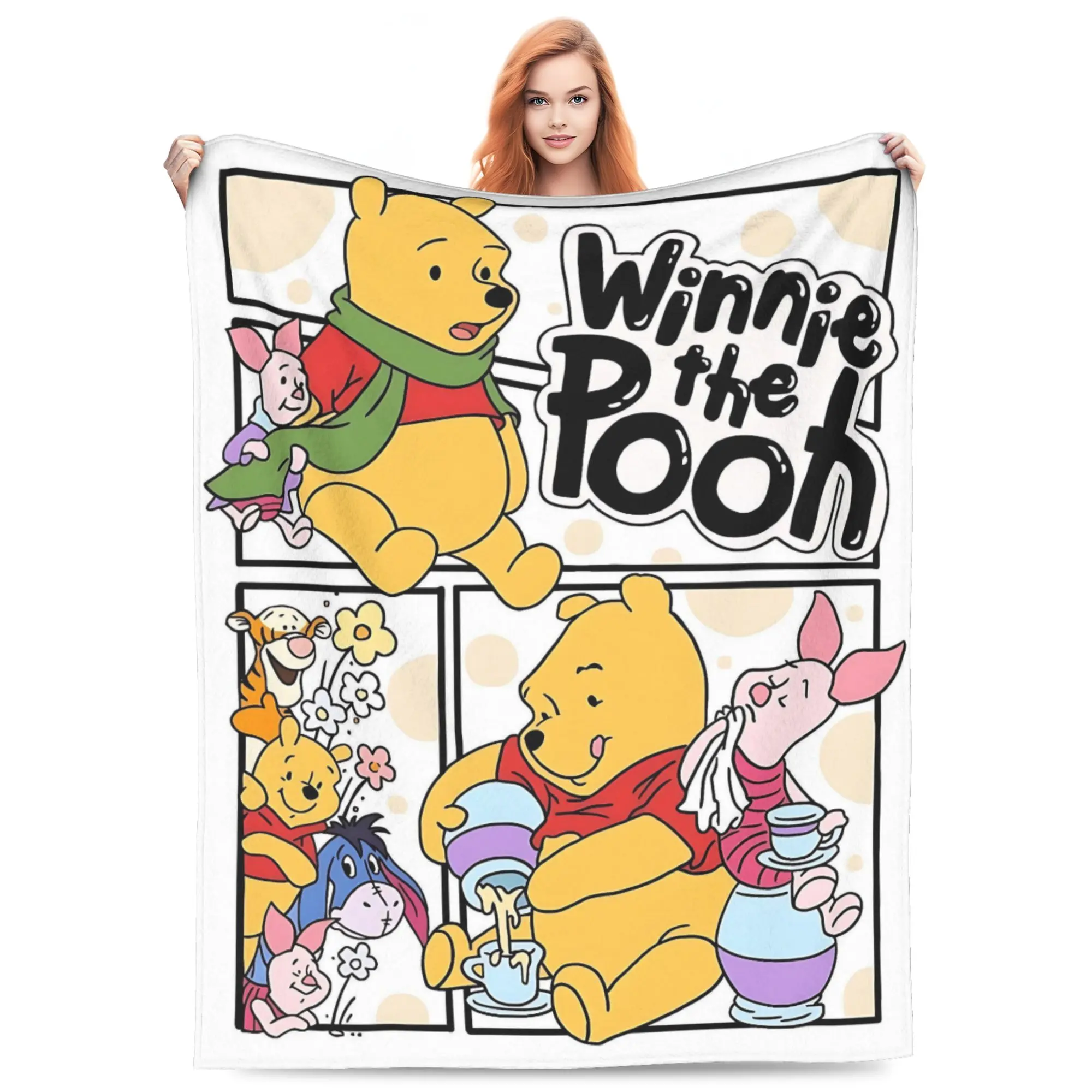 DISNEY CLASSIC Winnie The Pooh Throw Blanket, Cute Pooh Piglet Tigger Eeyore Comic Panel Print Flannel Fleece Blanket, Soft Lightweight Cozy Blanket for Sofa Bed Bedroom, Cartoon Gift for Kids Girls Women
