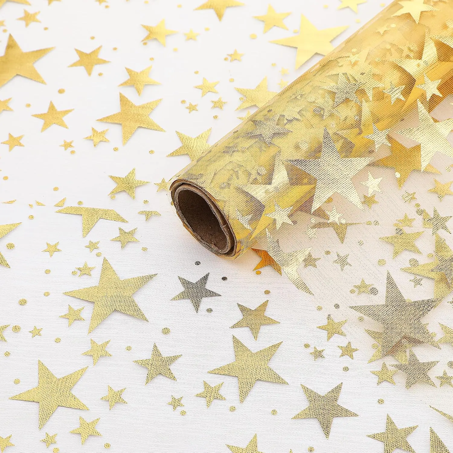 16 Ft Polyester Sheer Chiffon Tulle Table Runner - Reversible Sides, Star Motif, Sequin Glitter Metallic Foil Table Center, Mesh Cloth for Wedding Party Decorations
