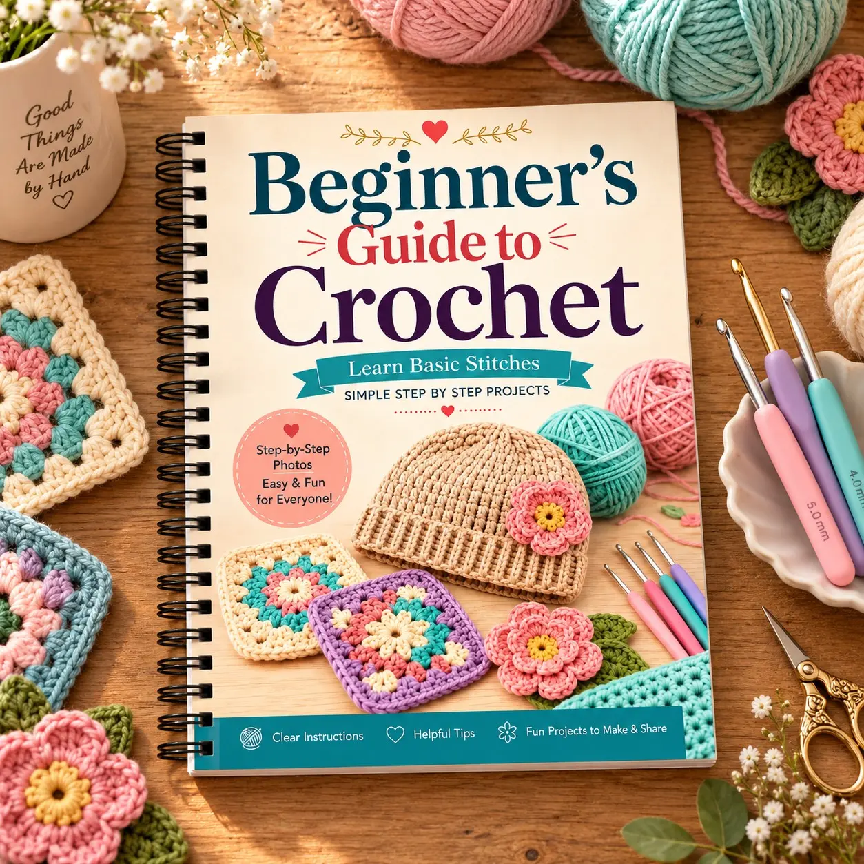 Crochet for Beginners Guide Book, Learn Basic Stitches with Step-by-Step Easy Projects, Spiral Bound DIY Craft Book for Adults & Teens, Christmas Gift for Crochet Lovers