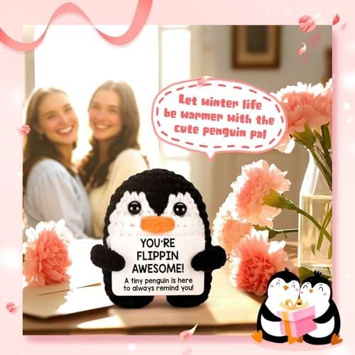 Positive Crochet Penguin, Mini Funny Inspirational Emotional Support Gift, Perfect for Galentines, Valentines Day, Birthdays & Holiday Surprises, Cute Handmade Stuffed Present for Women, Teens, Friends & Family to Bring Joy and Encouragement