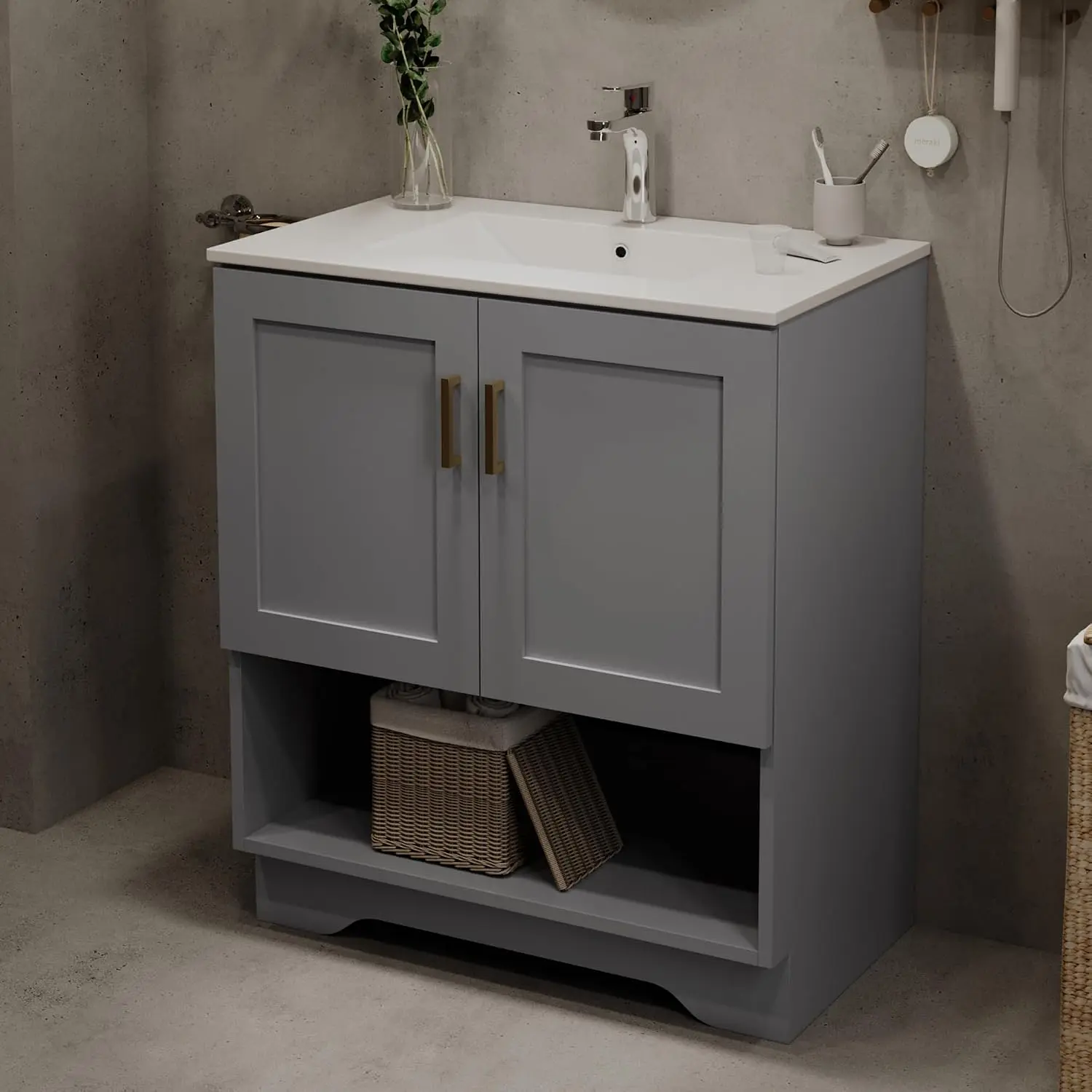 30 Inch Modern Bathroom Vanity with Ceramic Sink - Freestanding Cabinet 2 Soft-Close Doors & 1 Open Shelf, White Space-Saving Design for Powder Rooms (Grey)