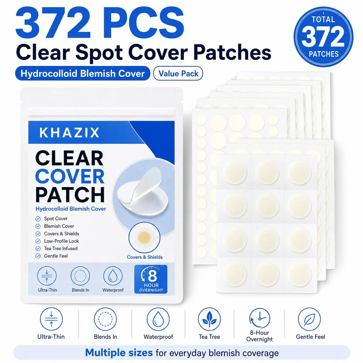 KHAZIX 372 PCS Clear Cover Patches, Hydrocolloid Spot Patches for Face, Invisible Waterproof Blemish Covers with Tea Tree Infused Daily Skincare