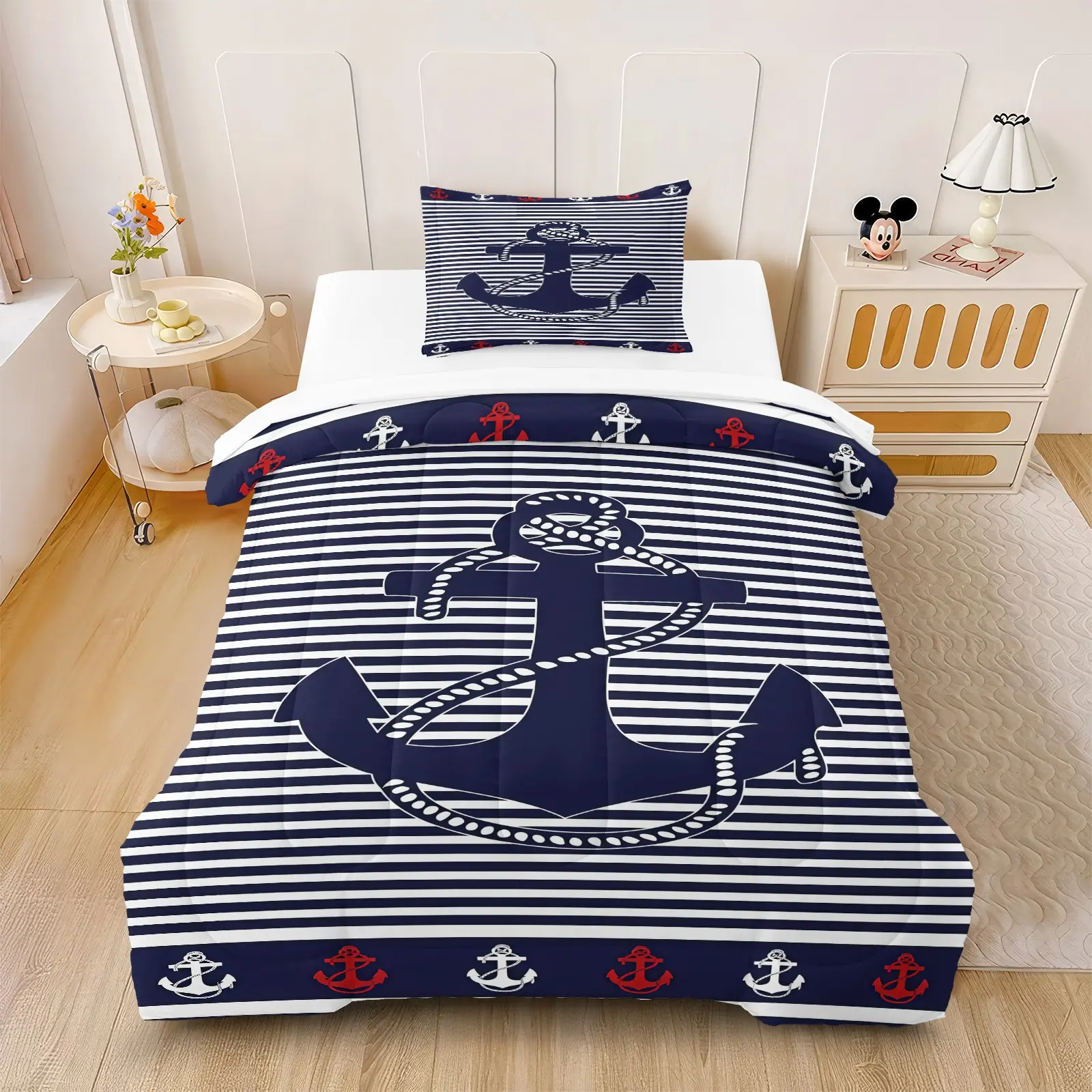 Ship Anchor Quilted Quilt Set, 1 Quilt With 1/2 Pillowcase (Excluding Pillow Core), Suitable For All Season Bedding In Bedrooms, Dormitories, And Guest Rooms For Marine Enthusiasts, Suitable For Teenagers And Adults