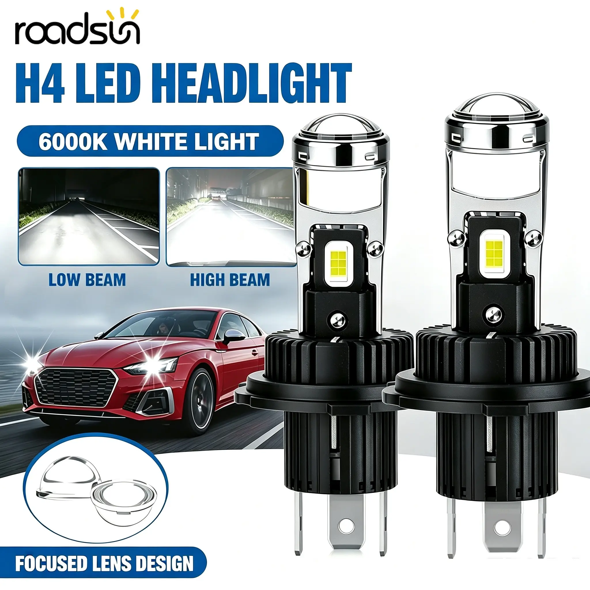 Roadsun Lens LED Headlight Bulbs with Cooling Fan, H4 H7 H11 9005/HB3 Projector Auto Headlamp, 6000K White, LED Car Lights