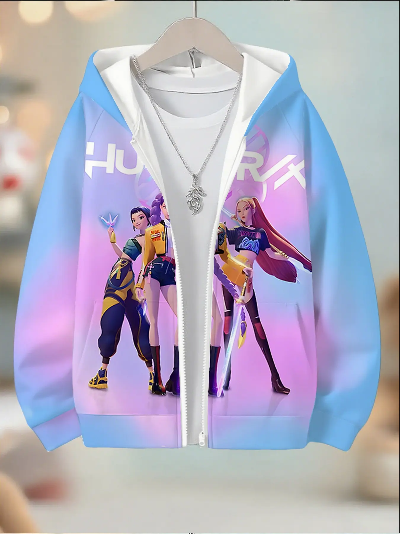 Girls' Spring Fall Zipper Hoodie Jacket, Blue Gradient Realistic Girl Group Print Long Sleeve Hooded Sweatshirt, Perfect for Gifts