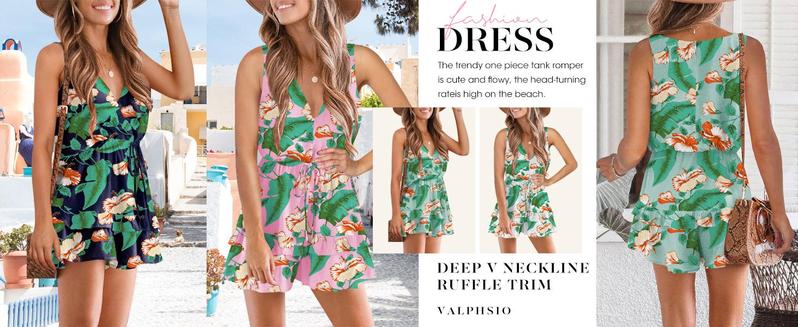 FMEYOA Womens V Neck Beach Tank Rompers Flowy Ruffle Layered Shorts Jumpsuit High Waist