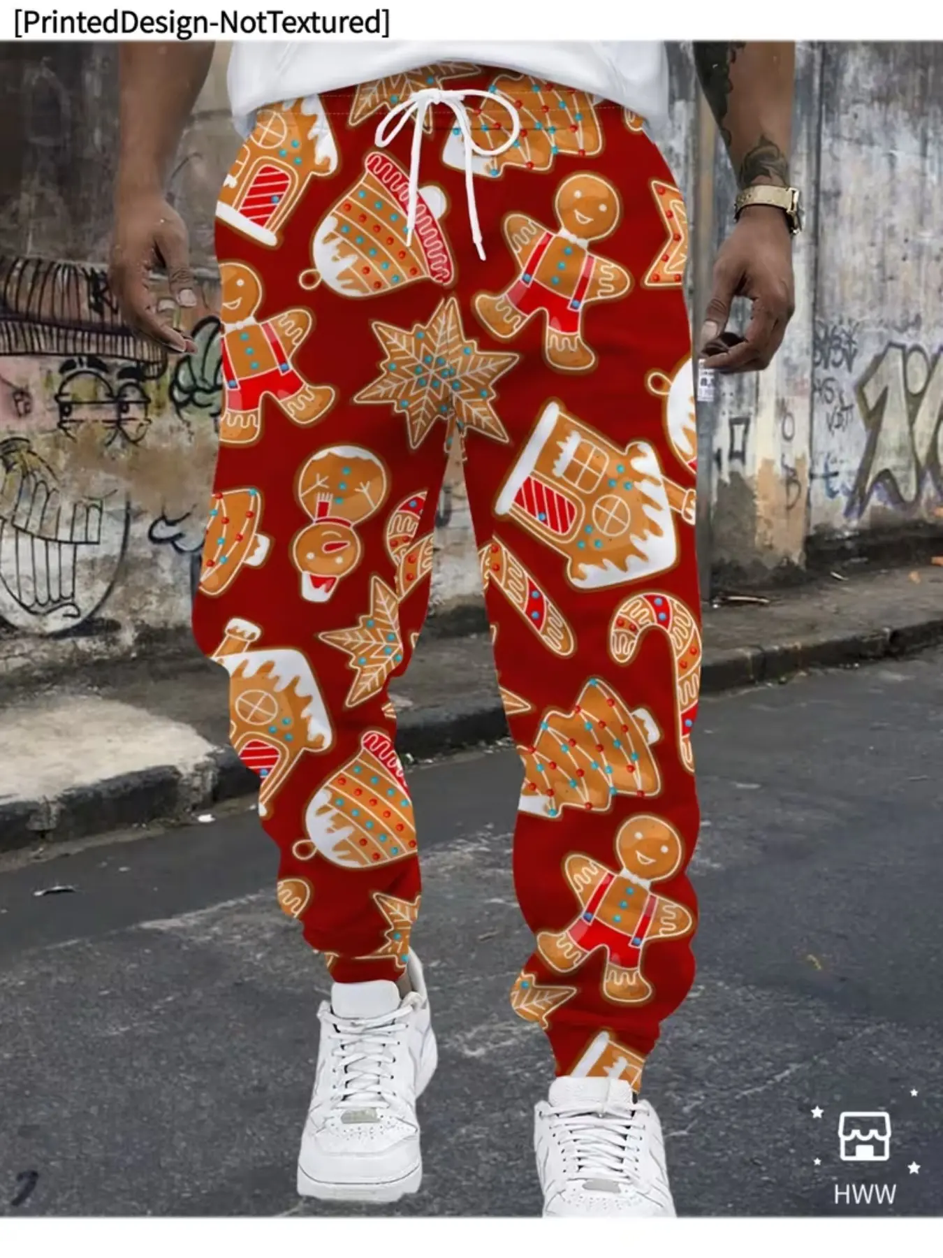 Men's Christmas Theme Sweatpants, Gingerbread Man Print, Casual Drawstring Joggers, Winter Holiday Fashion, Loose Fit, Slimming Effect