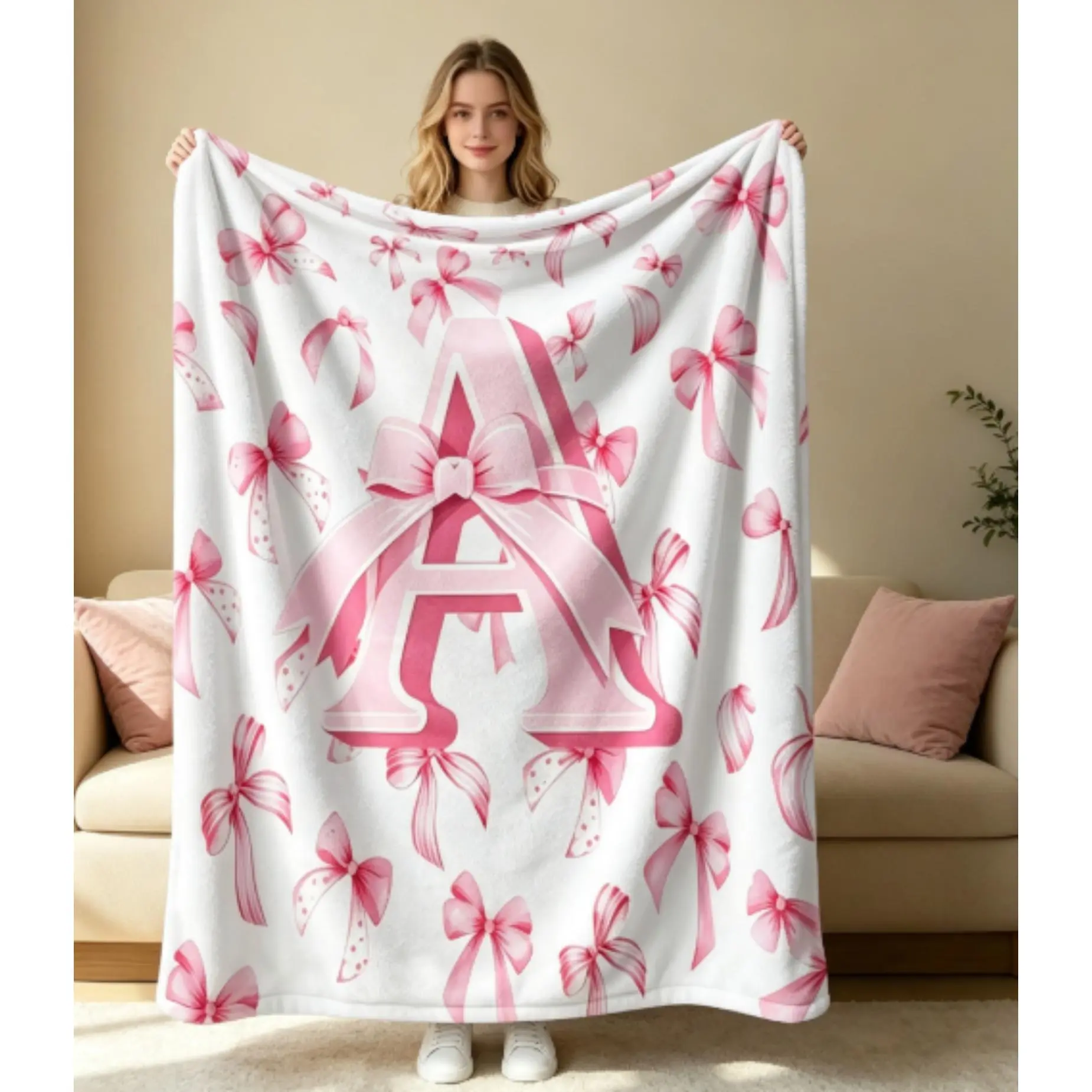 Coquette Pink Bow Initial Letter A Flannel Blanket, Girly Preppy Soft Throw Blanket, Cute Romantic Cozy Blanket for Teen Girls, Aesthetic Bedroom Decor, Luxury Warm Fleece Blanket for Couch Bed Living Room, Perfect Valentine’s Day Gift, Christmas Gift