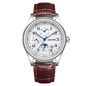 Ora JewelAutomatic Mechanical Men Watch, Moon Phase Calendar Multifunction Dial, Brown Crocodile Leather Strap, Business Vintage Dress Wristwatch