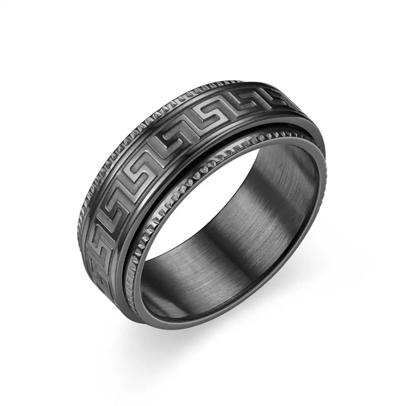 Men's Vintage Titanium Steel Fidget Spinner Ring, Greek Key Pattern Male Band for Stress and Anxiety Relief, Male Rings, Ancient Look, Greek Key Band, Relaxing Gifts