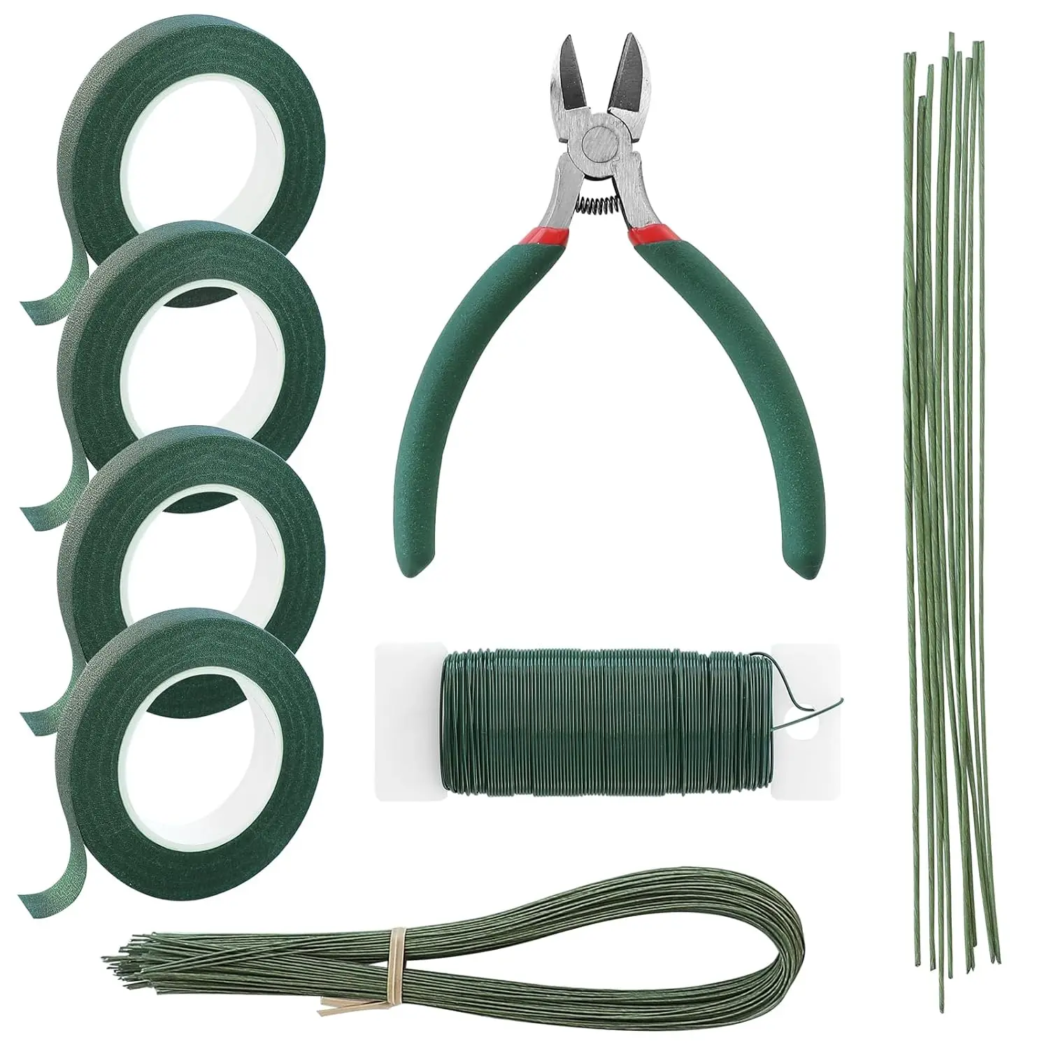 Floral Tape and Wire Kit with , 26 & 18 Gauge Stem Wire, 22 Gauge Paddle Wire, Flower Arrangement Tool Set for DIY Crafts, Bouquets, Florist Making & Supplies, Green