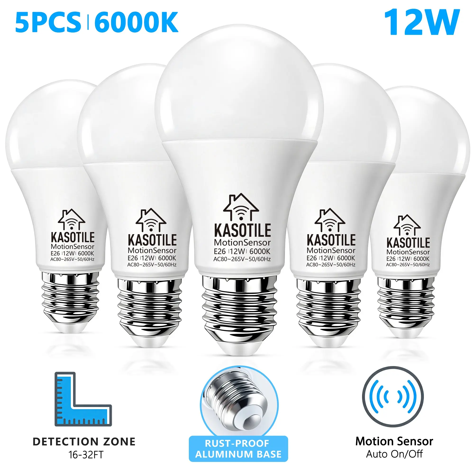Kasotile Radar Motion Sensor LED Bulb E26 Base, 6000k Cool Light, 120° Wide Range Auto Switch, Energy Efficient Security Lamp