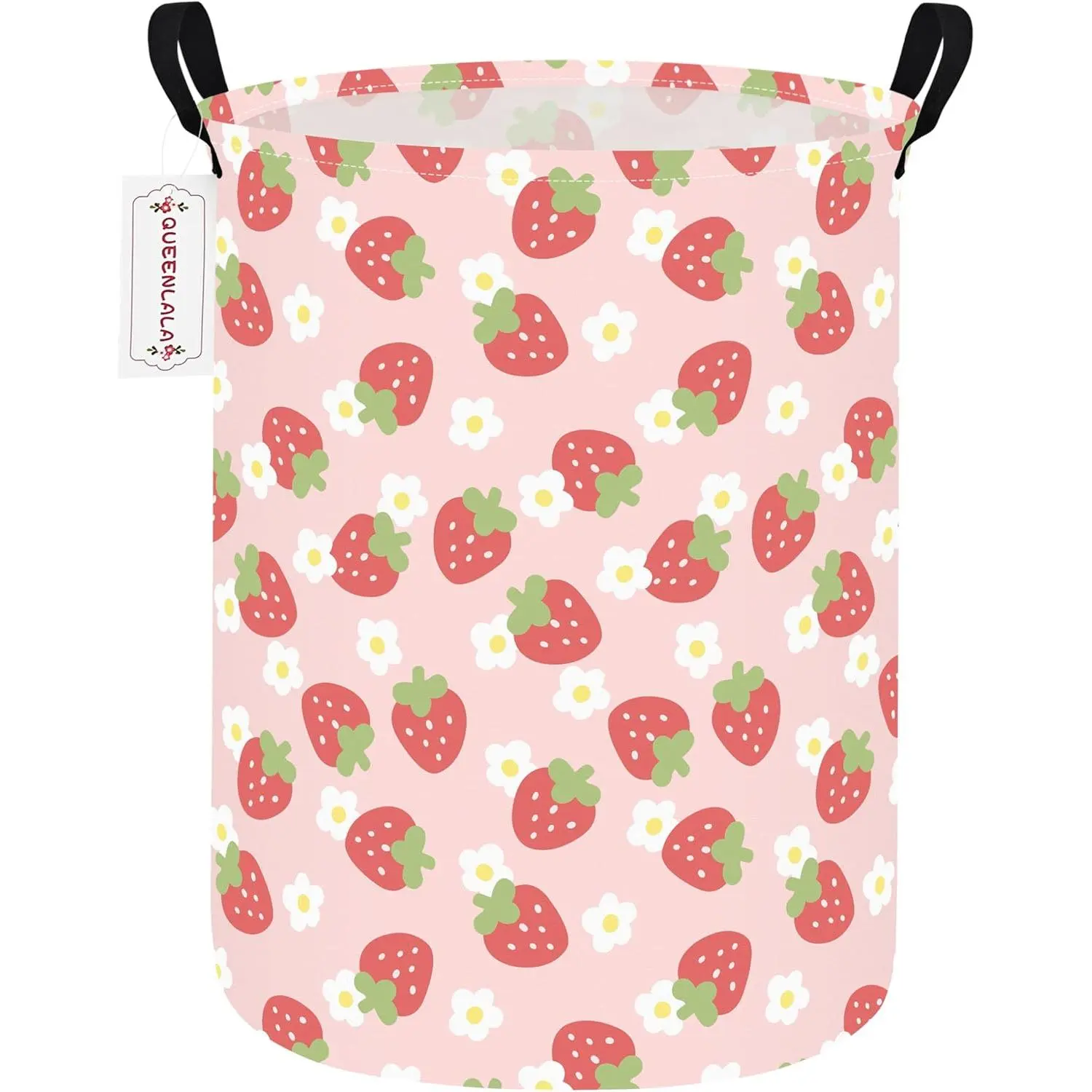 Round Waterproof laundry basket, Laundry Hamper for Nursery, Kids Toy Box Storage for Girls Boys, Diaper or plush toy gift basket, Foldable Fabric Basket(Round-Pink Strawberry)