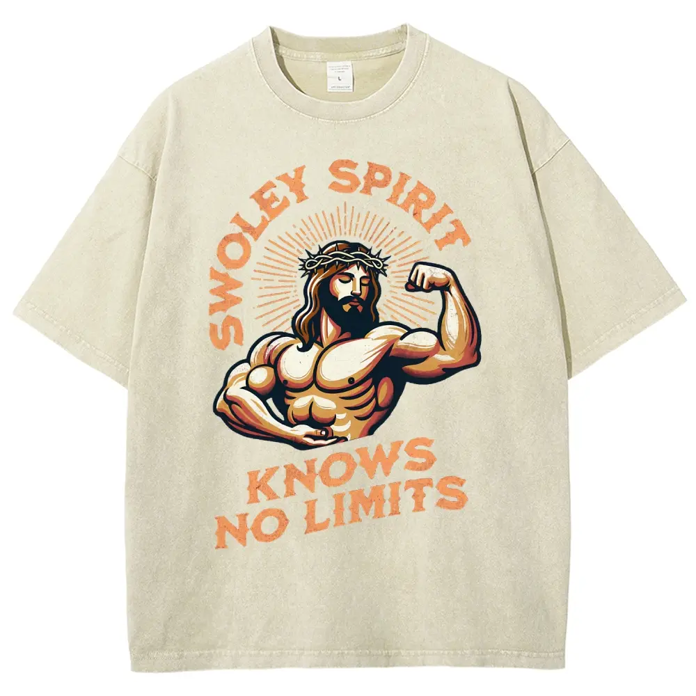 Unisex SWOLEY SPIRIT Funny Muscular Fitness Redesign of Christian Jesus Graphict Washed T-Shirt Personalized Pattern Y2k Clothing Round Neck Washed T-Shirt,Women's Clothing 100% Cotton, Menswear, Top, Vintage Style,Summer Casual Oversized