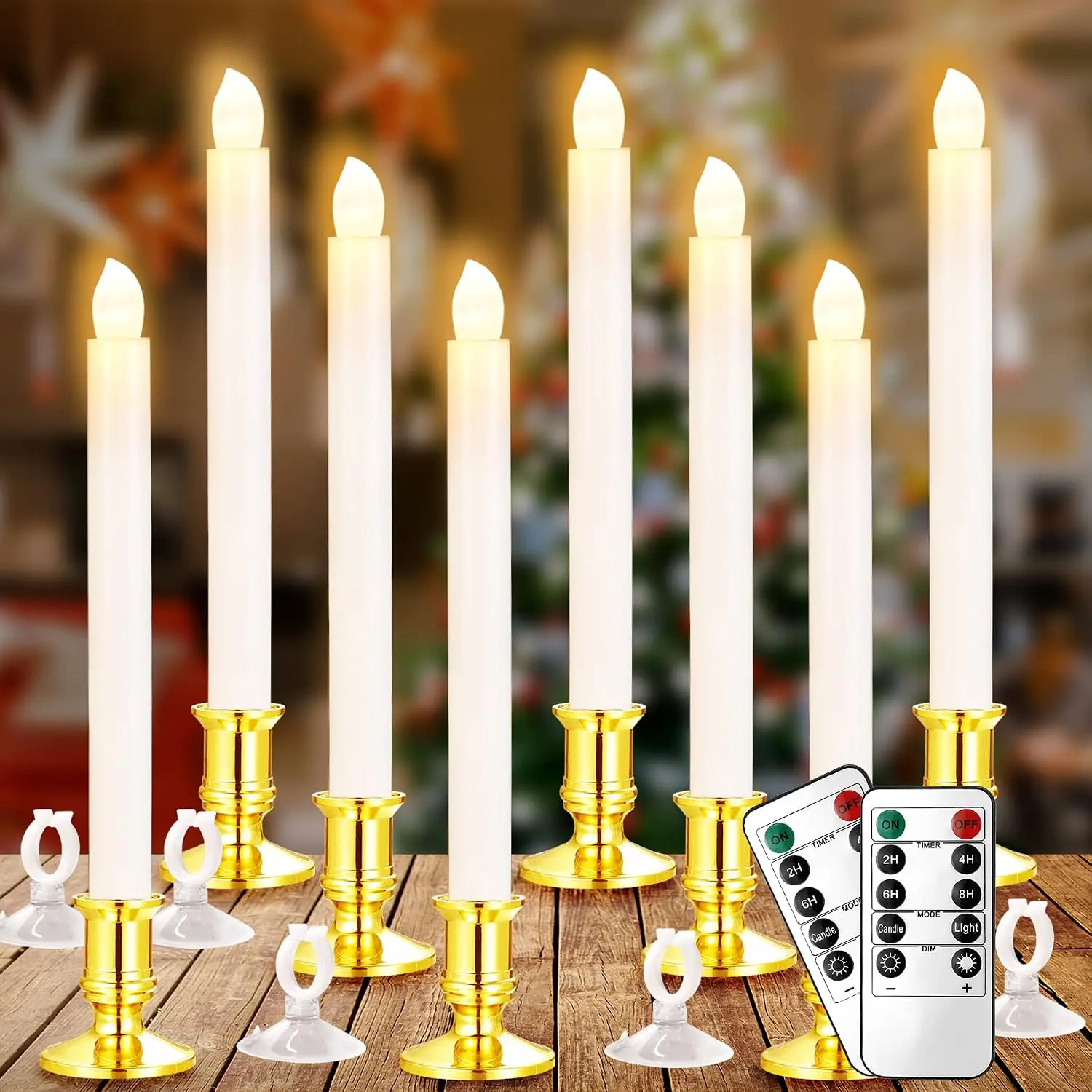 Window Candles, 8 Pack LED  Operated Christmas Candles for Windows with Remote Electric Candle Lights with Removable Candle Holders Suction Cups for Christmas Decorations,