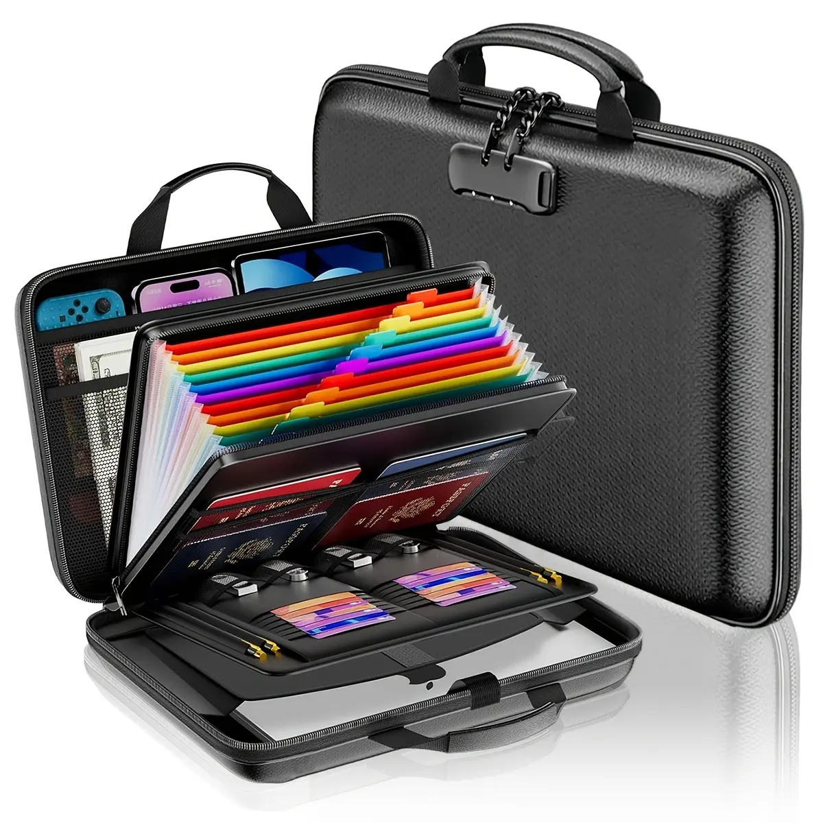 Fireproof Document Organizer, Lockable, Hard-Shell Fireproof Document Case, with 13 Color-Coded Accordion-Style File Pockets, Tote Bag, Business Briefcase, Portable Home, Office, and Travel Safety Storage Case, Ideal for Important Documents