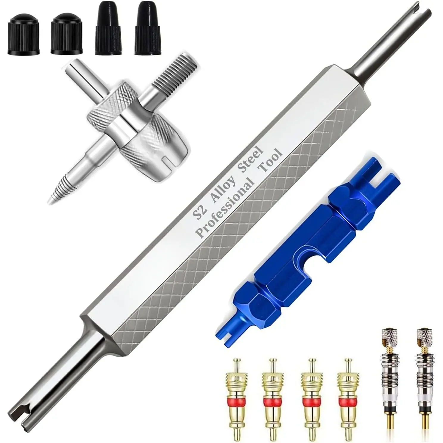 Tire Valve Stem  Kit, R134A R12 A/C Schrader Valve Stem Core Remover Tool for   Tyre RV , 4 Schrader/Presta Valve Caps, 6 count Valve Core, 3 Automotive Tools Wrench