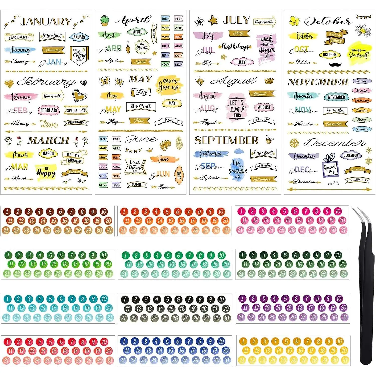 16 Sheets Calendar Date Number Stickers for Planners, 4 Happy Monthly Stickers, 12 Round Colorful Date Tabs & Elbow Tweezer