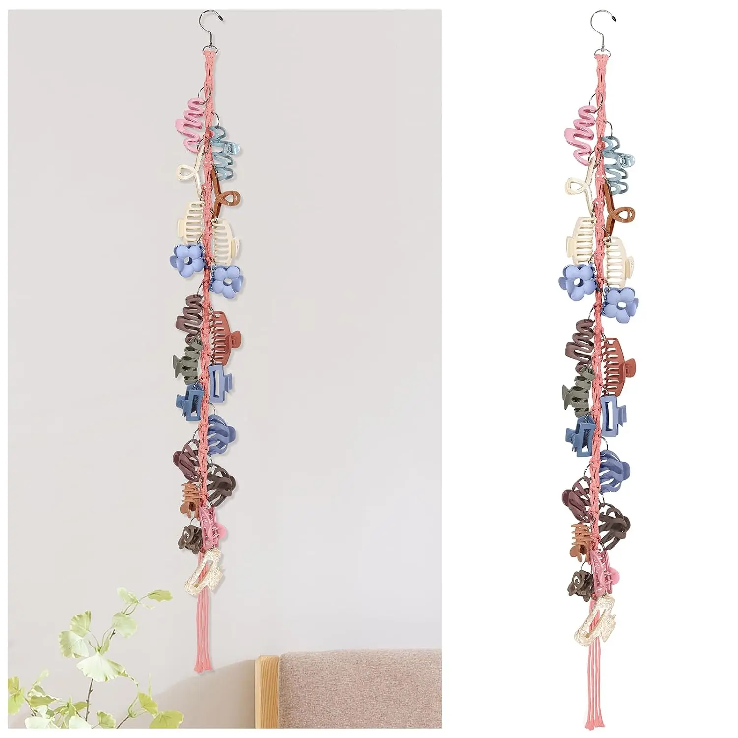 Macrame Hair Claw Clip Organizer with Rotating Hook and 20 Metal Rings, Hair Clip Holder and Storage for Women Girls,Claw Clips Hanger  Decor for Wall,Door,Closet (Pink1PCS)