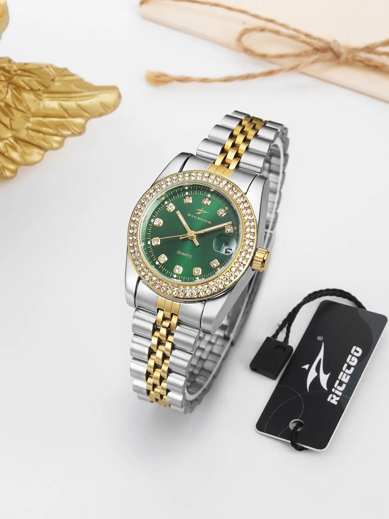 RICECGO: A luxury-casual women’s watch, Quartz Watch, Rhinestone Watch, with a gorgeous, elegant diamond-encrusted bezel—a thoughtful gift for your best friend, mom, or girlfriend.