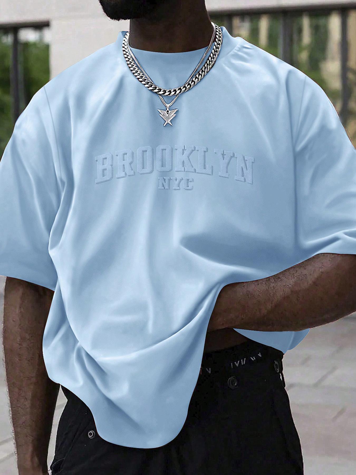 Men's Plain Letter Embossed  Drop Shoulder Tee, Regular Fit Casual Short Sleeve Round Neck T-shirt for Summer, Fashion Men's Top for Daily Wear