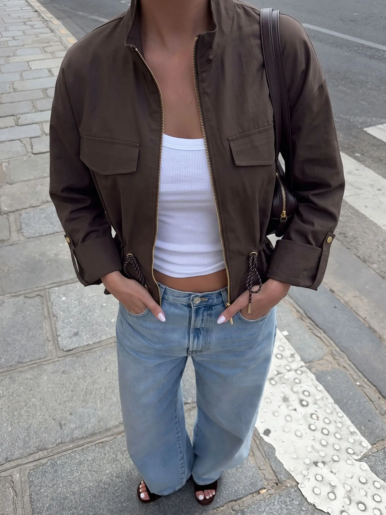 Women's Fashion Simple Stand Collar Hunting Jacket, Loose Fit Tie Belt Jacket, Solid Color Folded Sleeve Pocket Drawstring Waist Zipper Coat, All Seasons