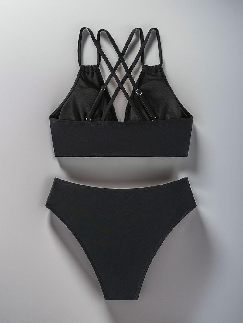 Women's Plain Cut Out Criss Cross Bikinis Set, Solid Double Strap Swim Top & High Waist Swim Bottom Swimsuit Set for Summer, Summer Outfits 2024, Women's Swimwear for Beach Holiday