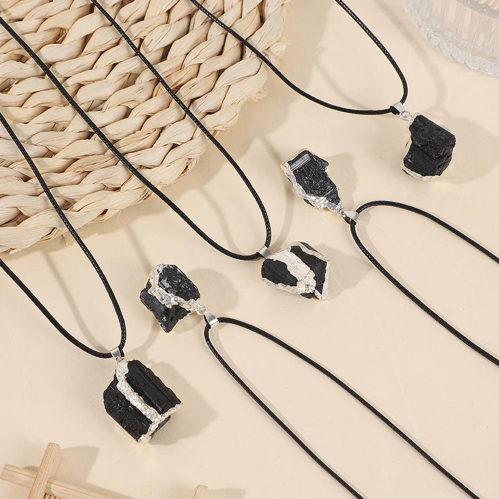 Natural Black Tourmaline Raw Stone Gold Plated Edge Pendant Necklace with Black Leather Cord, Healing Crystal Protection Jewelry, Trendy Minimalist Energy Stone Necklace for Men Women, Spiritual Negative Energy Cleansing Amulet for Daily Wear