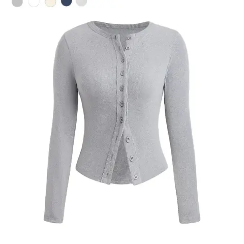 1 Pc Women Crew Neck Long Sleeve Cardigan Top, Button‑Front Cropped Blouse, Slim Fit Basic Casual Layering Shirt For Daily Street Dating Occasions #GLOBAL PICKS