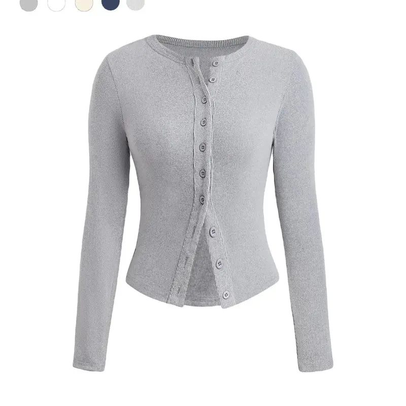 1 Pc Women Crew Neck Long Sleeve Cardigan Top, Button‑Front Cropped Blouse, Slim Fit Basic Casual Layering Shirt For Daily Street Dating Occasions #GLOBAL PICKS