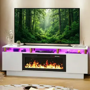 70" Modern Fireplace TV Stand with Stainless Steel Tubing Frame, High Gloss Grey Cabinet LED Entertainment Center Fits TVs Up to 80 Inches for Living Room